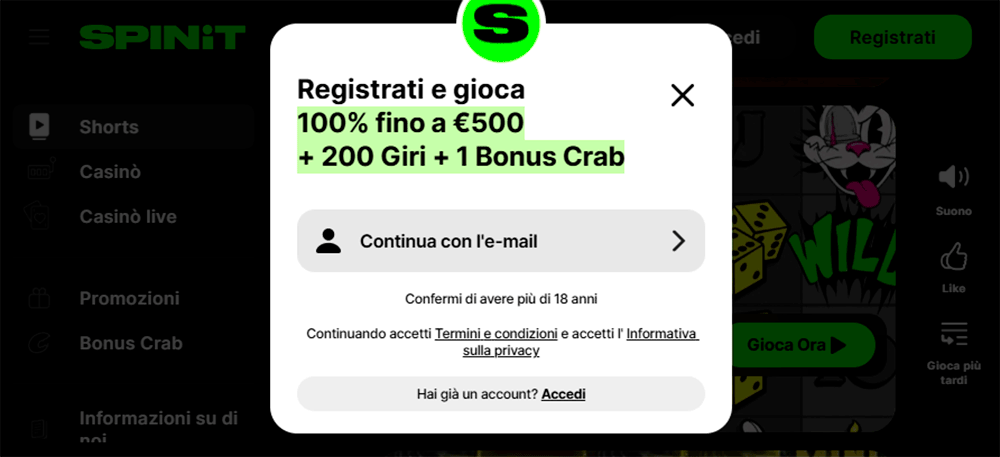 Come registrarsi al casinò Spinit Registrazione al Casinò Spinit
